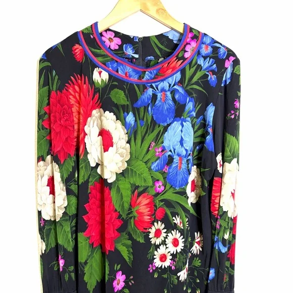 Vintage 80s 90s Leonard 100% silk jersey mikado Floral Women's Tunic Top sz L - Picture 8 of 12